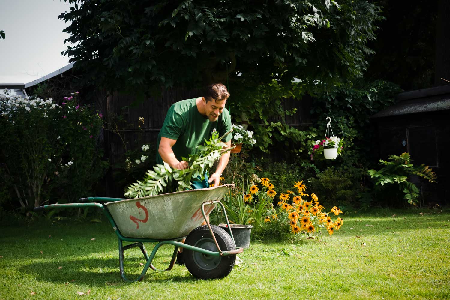 Jartenmeester Mitarbeiter belädt eine Schubkarre mit Gartenabfällen
